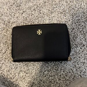 Tory Burch Black Zip Wallet with Gold Emblem